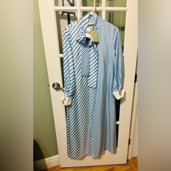 MONSE Dresses & Skirts - NWT MONSE 100% Silk Blue White Striped Bow Tie Midi Dress Size 2